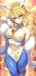 Rule 34 | 1girl, ahoge, animal ears, artoria pendragon (all), artoria pendragon (fate), artoria pendragon (swimsuit ruler) (fate), bare shoulders, between breasts, blonde hair, blue neckwear, blue pantyhose, blush, braid, breasts, card, cleavage, closed mouth, clothing cutout, detached collar, fake animal ears, fate/grand order, fate (series), feather boa, fishnet pantyhose, fishnets, french braid, gomashio ponz, green eyes, hair between eyes, highleg, highleg leotard, highres, large breasts, leotard, long hair, looking at viewer, navel, navel cutout, necktie, pantyhose, playboy bunny, playing card, ponytail, rabbit ears, sidelocks, smile, thigh strap, thighs, tiara, white leotard, wrist cuffs