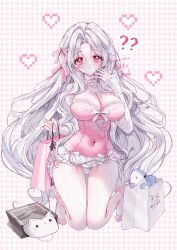 1girl ? ?? animal bag bare_shoulders blush bow breasts cat cleavage closed_mouth collarbone commentary_request commission covered_navel detached_sleeves facial_mark frilled_leotard frilled_sleeves frills full_body grey_hair hair_bow hand_up heart high_heels highres holding holding_bag juliet_sleeves kneeling knees_together_feet_apart large_breasts leotard long_hair long_sleeves looking_at_viewer original paper_bag parted_bangs pink_bow pink_footwear pink_leotard pixelated puffy_sleeves red_eyes shark shoes shopping_bag signature sleeves_past_wrists solo tandohark very_long_hair white_cat white_sleeves