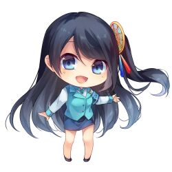 Rule 34 | armband, black hair, blue vest, highres, krt girls, long hair, long sleeves, miniskirt, one side up, parted bangs, pencil skirt, shirt, shoes, skirt, smile, vest, xiao qiong