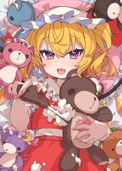 Rule 34 | 1girl, absurdres, ascot, blonde hair, blush, collared shirt, e sdss, fang, fingernails, flandre scarlet, hair between eyes, hat, highres, long fingernails, long hair, mob cap, one side up, open mouth, red eyes, red skirt, red vest, sharp fingernails, shirt, skin fang, skirt, smile, solo, stuffed animal, stuffed toy, teddy bear, touhou, vest, white hat, white shirt, yellow ascot