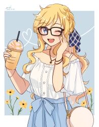 Rule 34 | 1girl, ;d, bag, bare shoulders, bespectacled, black-framed eyewear, blonde hair, blue background, blue bow, blue eyes, blue nails, blue ribbon, blue skirt, blush, bow, braid, breasts, collarbone, cup, dated, disposable cup, dot nose, drinking straw, earrings, flower, flower earrings, flower necklace, food, frilled shirt, frills, glasses, grid background, grk 11601, hair ribbon, hands up, heart, highres, holding, holding cup, ice cream, idolmaster, idolmaster cinderella girls, idolmaster cinderella girls starlight stage, jewelry, large breasts, long hair, looking at viewer, multicolored nails, multiple bracelets, necklace, ohtsuki yui, one eye closed, open mouth, outside border, plaid, plaid ribbon, ponytail, ribbon, ring, shirt, short sleeves, shoulder bag, signature, skirt, smile, solo, teeth, two-tone background, upper teeth only, waist bow, wavy hair, white background, white shirt, wide sleeves, yellow flower, yellow nails