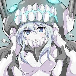 Rule 34 | 10s, 1girl, abyssal ship, blue eyes, blush, bodysuit, breasts, embarrassed, hat, kantai collection, long hair, monster, silver hair, solo, tanashi (mk2), triangle mouth, wo-class aircraft carrier