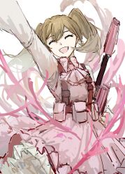 Rule 34 | 1girl, absurdres, adapted costume, ammunition pouch, arm up, ascot, brown hair, closed eyes, dress, e.g.o (project moon), employee (project moon), gun, highres, lobotomy corporation, long sleeves, military uniform, open mouth, pink ascot, pink dress, pouch, project moon, rifle, smile, solo, twintails, uniform, vest, wan shengyan, weapon