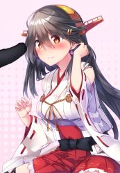 Rule 34 | 1girl, black hair, blank censor, censored, closed mouth, detached sleeves, fingernails, hair between eyes, haruna (kancolle), headgear, highres, japanese clothes, kantai collection, long hair, looking at penis, nontraditional miko, orange eyes, penis, penis shadow, pink background, polka dot, polka dot background, sitting, solo focus, tsukui kachou, wide sleeves