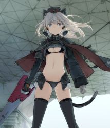 Rule 34 | 1girl, animal ears, arsia (shimada fumikane), bikini, black thighhighs, cat ears, cat tail, commentary request, cowboy shot, cropped jacket, from below, garrison cap, gluteal fold, hand saw, hat, looking at viewer, original, saw, shimada fumikane, short hair, shrug (clothing), silver hair, solo, swimsuit, tail, thighhighs, tokyo big sight