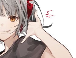 Rule 34 | 1girl, arknights, black shirt, grey hair, grin, highres, horns, korean commentary, looking at viewer, \\n/, orange eyes, out of frame, red horns, ryat, shaka sign, shirt, short sleeves, simple background, smile, solo, upper body, w (arknights), w (fugue) (arknights), white background