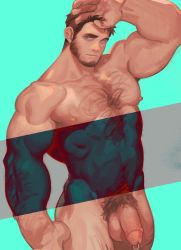 Rule 34 | 1boy, abs, absurdres, arm hair, bara, beard, blue eyes, brown hair, chest hair, completely nude, cowboy shot, facial hair, flaccid, hairy, hand on own head, highres, large pectorals, leg hair, looking at viewer, male focus, male pubic hair, mature male, muscular, muscular male, navel, navel hair, neilos, nipples, nude, original, pectorals, penis, penis piercing, piercing, prince albert, pubic hair, short hair, solo, stomach, thick thighs, thighs, uncensored