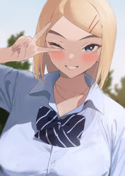 Rule 34 | 1girl, ;d, blonde hair, blouse, blue eyes, blurry, blurry background, blush, bow, bowtie, breasts, collared shirt, grin, gyaru, hair ornament, hairclip, ikuchan kaoru, jewelry, kogal, large breasts, long hair, looking at viewer, one eye closed, open mouth, original, paid reward available, parted bangs, school uniform, shirt, short sleeves, smile, solo, striped, upper body, v, v over eye, white shirt