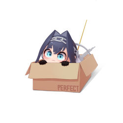 Rule 34 | 1girl, appleblossomtea, black gloves, black hair, blue eyes, box, cardboard box, chain, gloves, hairband, highres, hololive, hololive english, in box, in container, ouro kronii, solo, virtual youtuber