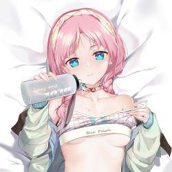 Rule 34 | 1girl, arknights, blue eyes, blue poison (arknights), blue poison (shoal beat) (arknights), bottle, braid, breasts, character name, cirnos, clothes pull, collarbone, ear piercing, hairband, holding, holding bottle, jacket, long hair, o-ring, off shoulder, official alternate costume, open clothes, open jacket, piercing, pulled by self, scales, small breasts, solo, spilling, sports bra, sports bra pull, strap slip, twin braids, twintails, underboob, upper body, water bottle, wet, white hairband, white jacket, white sports bra
