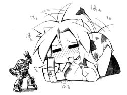 Rule 34 | 1girl, :3, = =, ahoge, animal ears, animal print, bad id, bad pixiv id, blush, cellphone, chibi, cow ears, cow girl, cow print, cow tail, closed eyes, female focus, full body, greyscale, gundam, horns, mobile suit gundam, monochrome, phone, short hair, solo, tail, tail wagging, uccow, z&#039;gok