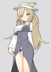 Rule 34 | 1girl, breasts, brown eyes, closed mouth, commentary, dress, grey background, grey dress, hat, hat ribbon, hekkmushi, highres, large breasts, light brown hair, long sleeves, looking at viewer, panties, ribbon, simple background, smile, solo, touhou, underwear, watatsuki no toyohime, white ribbon