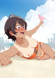 1girl bikini breast_slip breasts brown_hair crowd embarrassed highres lying make_heroine_ga_oo_sugiru! medium_breasts nipples on_side open_mouth orange_bikini purple_eyes sarura smile solo_focus swimsuit tan tanline wardrobe_malfunction yakishio_remon