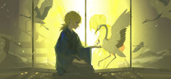 Rule 34 | 1boy, absurdres, animal, animalization, aura, bird, blonde hair, commentary, crane (animal), different reflection, english commentary, feathers, folding screen, from side, grey hakama, hair bun, hakama, hand up, highres, husband and wife, irple, japanese clothes, kagamine len, kagamine rin, long hair, looking at animal, looking at another, medium hair, mixed-language commentary, ponytail, profile, reaching, reflection, seiza, shikiori no hane (vocaloid), sidelocks, single hair bun, sitting, updo, vocaloid, wide sleeves, yellow theme
