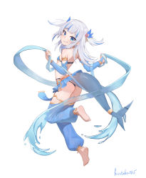 Rule 34 | 1girl, ass, barefoot, blue bra, blue eyes, blue hair, blue legwear, blue ribbon, blue skirt, blue sleeves, blush, bra, dancer, detached sleeves, female focus, fins, fish tail, from behind, full body, gawr gura, grey hair, grin, hair ornament, highres, hirotaka0125, hololive, hololive english, leg warmers, long hair, looking at viewer, looking back, micro bra, microskirt, multicolored hair, revealing clothes, ribbon, shark tail, signature, simple background, skirt, smile, solo, streaked hair, tail, two side up, underwear, virtual youtuber, water, white background