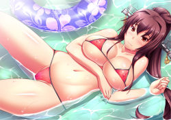 Rule 34 | 10s, 1girl, bikini, breast hold, breasts, brown eyes, brown hair, buchan, covered erect nipples, female focus, floral print, groin, hair ornament, kantai collection, large breasts, light smile, long hair, looking at viewer, micro bikini, navel, partially submerged, ponytail, pool, red bikini, sideboob, solo, swimsuit, underboob, very long hair, water, yamato (kancolle)