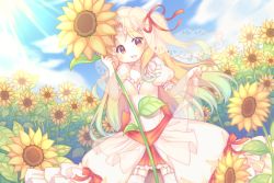 Rule 34 | 1girl, azur lane, blonde hair, blue sky, blush, bow, breasts, bridal veil, cleavage, cleveland (azur lane), cloud, cloudy sky, commentary request, day, dress, field, flower, flower field, garter straps, gradient hair, green hair, hair ribbon, head tilt, holding, holding flower, medium breasts, multicolored hair, one side up, outdoors, pleated skirt, puffy short sleeves, puffy sleeves, red bow, red eyes, red ribbon, red skirt, ribbon, sakurato ototo shizuku, see-through, short sleeves, skirt, sky, solo, sunflower, sunflower field, thighhighs, veil, wedding dress, white dress, white thighhighs, yellow flower