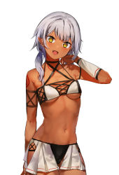 Rule 34 | blush, breasts, criss-cross halter, dark-skinned female, dark skin, fang, grey hair, halterneck, konbu wakame, long hair, looking at viewer, navel, open mouth, original, pointy ears, showgirl skirt, small breasts, tattoo, white background, yellow eyes