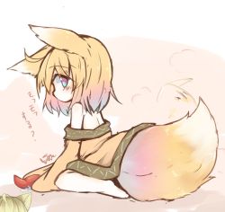Rule 34 | 1girl, animal ears, bare shoulders, barefoot, blonde hair, brown dress, dress, fox ears, fox girl, fox tail, from behind, large tail, looking back, off shoulder, original, pink eyes, short dress, short hair, sitting, sleeves past wrists, solo, sunapua, tail