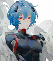 Rule 34 | 1girl, absurdres, ayanami rei, black bodysuit, blue hair, bodysuit, breasts, closed mouth, evangelion: 3.0+1.0 thrice upon a time, hair between eyes, hand up, highres, interface headset, light frown, long sleeves, looking at viewer, medium breasts, mogutofuoes, neon genesis evangelion, plugsuit, rebuild of evangelion, red eyes, shirt, skin tight, sleeves past wrists, solo, upper body, white shirt