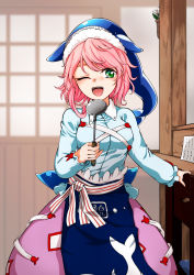 Rule 34 | 1girl, absurdres, animal hat, animal print, apron, blouse, blue apron, blue shirt, collared shirt, cross-laced clothes, fish print, green eyes, hat, highres, kaisenpurin, ladle, okunoda miyoi, one eye closed, open mouth, pink hair, purple skirt, shirt, short hair, skirt, smile, solo, touhou, whale hat, whale print