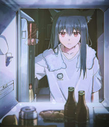 Rule 34 | 1girl, animal ear fluff, animal ears, arknights, artist name, black hair, bottle, can, closed mouth, collarbone, food, indoors, lococo:p, long hair, red eyes, refrigerator, refrigerator interior, shirt, short sleeves, solo, texas (arknights), towel, towel around neck, upper body, white shirt, wolf ears