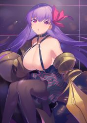 Rule 34 | 10s, 1girl, :o, bad id, bad pixiv id, black pantyhose, black skirt, breasts, claws, corset, fate/extra, fate/extra ccc, fate (series), hair ribbon, half-closed eyes, heiwa (murasiho), highres, huge breasts, knees together feet apart, long hair, looking at viewer, pantyhose, parted lips, passionlip (fate), pink ribbon, pinstripe pattern, purple eyes, purple hair, revealing clothes, ribbon, sitting, skirt, solo, striped clothes, striped skirt