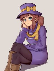 Rule 34 | 1girl, a hat in time, aged up, black pantyhose, blue eyes, blush, boots, bow, brown footwear, brown hair, closed mouth, coat, crossed legs, fujimna, hat, hat adult, hat bow, hat kid, hat ribbon, highres, knee boots, looking at viewer, pantyhose, purple coat, purple hat, ribbon, scarf, short hair, short ponytail, sidelocks, sitting, smile, solo, top hat, yellow bow, yellow ribbon, yellow scarf