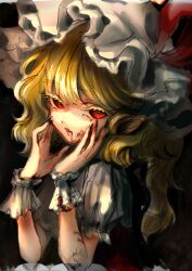 Rule 34 | 1girl, blonde hair, blood, blood on face, colored eyelashes, fingernails, flandre scarlet, hat, highres, long fingernails, long hair, looking at viewer, mob cap, muha kakka, nail polish, one side up, open mouth, red eyes, red nails, red vest, sharp fingernails, shirt, short sleeves, solo, touhou, upper body, vest, white hat, white shirt, wrist cuffs