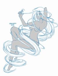 Rule 34 | 10s, 1girl, 2016, absurdly long hair, arm behind head, armpits, black sclera, breasts, colored sclera, completely nude, dated, doppel (monster musume), doppelganger, female focus, full body, hair between eyes, hair censor, twirling hair, highres, long hair, mkonstantinov, monochrome, monster girl, monster musume no iru nichijou, navel, nude, prehensile hair, signature, simple background, sketch, small breasts, smile, solo, very long hair, white background, white hair