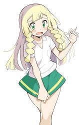 Rule 34 | 1girl, artist request, blonde hair, blunt bangs, blush, braid, breast pocket, collarbone, collared shirt, cosplay, creatures (company), eyelashes, game freak, green eyes, green skirt, hand up, highres, knees, lass (pokemon), lass (pokemon) (cosplay), lillie (pokemon), long hair, nintendo, open mouth, pocket, pokemon, pokemon (anime), pokemon sm, pokemon sm (anime), shirt, short sleeves, simple background, skirt, solo, tongue, twin braids, white background, white shirt