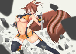 Rule 34 | 1girl, animal ears, antenna hair, arc system works, black thighhighs, blazblue, blazblue: continuum shift, breasts, brown hair, fighting stance, large breasts, makoto nanaya, midriff, miniskirt, navel, open mouth, orange skirt, red eyes, revealing clothes, shiro-inu, short hair, skirt, solo, squirrel ears, squirrel tail, tail, thighhighs, tonfa, underboob, weapon, zettai ryouiki