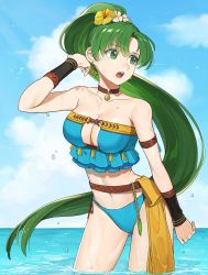 Rule 34 | 1girl, beach, bikini, blush, breasts, day, fire emblem, fire emblem: the blazing blade, fire emblem heroes, green eyes, green hair, highres, jewelry, kyufe, long hair, lyn (fire emblem), lyn (summer) (fire emblem), navel, nintendo, open mouth, ponytail, solo, swimsuit, very long hair, water