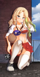Rule 34 | 1girl, against wall, american flag, american flag bikini, american flag bikini top, american flag print, bad id, bad pixiv id, basketball, bikini, blonde hair, blue eyes, blush, breasts, closed mouth, collared shirt, dated, dress shirt, flag print, girls und panzer, hair intakes, highres, kay (girls und panzer), kneeling, large breasts, long hair, looking at viewer, loose necktie, megadeko, necktie, no bra, no panties, open clothes, pleated skirt, print bikini, red skirt, saunders school uniform, school uniform, shirt, shoes, skirt, sleeves rolled up, sneakers, solo, sweat, swimsuit, thighhighs, towel, white shirt, white thighhighs
