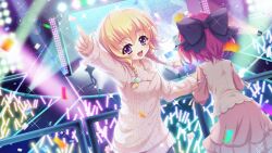 Rule 34 | 5girls, against railing, black bow, blonde hair, bow, braid, breasts, catwalk (modeling), colored lights, concert, confetti, crowd, dot nose, dress, film grain, game cg, glowstick, hair bow, hand on another&#039;s shoulder, hasegawa mii, hiiragi kae, idol, izumi tsubasu, large bow, looking at viewer, multiple girls, non-web source, official art, open mouth, pink dress, pink hair, pink skirt, pointing, purple eyes, railing, re:stage!, screen, short hair, silhouette, skirt, small breasts, smile, solo focus, sparkle, sparkling eyes, speaker, stage, stage lights, star (symbol), sweater, teeth, twin braids, upper teeth only, white sweater