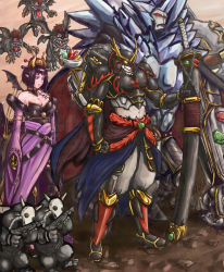 Rule 34 | 1girl, 6+boys, army, artist request, bare shoulders, bat wings, black hair, blastmon, blue eyes, breasts, cape, claws, cleavage, collarbone, demon girl, detached sleeves, digimon, digimon (creature), digimon xros wars, evilmon, eyeshadow, facial mark, forehead mark, hair intakes, hair ornament, holding, holding sword, holding weapon, horns, large breasts, lilithmon, lips, looking to the side, makeup, multiple boys, nail polish, open mouth, pointy ears, purple eyes, sharp teeth, sidelocks, standing, sword, tactimon, teeth, troopmon, weapon, wings