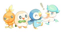 Rule 34 | !, ^ ^, blue eyes, bright pupils, closed eyes, commentary request, creatures (company), closed eyes, game freak, gen 3 pokemon, gen 4 pokemon, gen 7 pokemon, highres, holding hands, nintendo, no humans, open mouth, piplup, pokemon, pokemon (creature), quaxly, rowlet, simple background, smile, torchic, torinoko (miiko draw), white background, white pupils