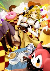 Rule 34 | 10s, 1girl, beret, blonde hair, blurry, boots, breasts, cake, candy, charlotte (madoka magica), checkered floor, cherry, corset, cup, depth of field, doughnut, drill hair, fingerless gloves, floor, food, fruit, gloves, hair ornament, hat, highres, icing, large breasts, magical girl, mahou shoujo madoka magica, mahou shoujo madoka magica (anime), pleated skirt, pudding, rebecca 7478, shirt, skirt, smile, strawberry, striped clothes, striped thighhighs, taut clothes, taut shirt, tea, teacup, teapot, thighhighs, tomoe mami, vertical-striped clothes, vertical-striped thighhighs, yellow eyes