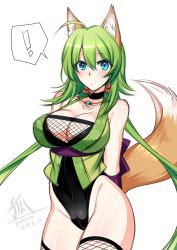 Rule 34 | !, 1girl, animal ears, arms behind back, bare shoulders, black choker, black leotard, blue eyes, blush, choker, commentary request, dated, fishnet thighhighs, fishnets, fox ears, fox tail, green hair, jewelry, konshin, leotard, long hair, looking at viewer, necklace, original, signature, simple background, solo, spoken exclamation mark, tail, thighhighs, twintails, white background