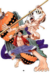 Rule 34 | 2boys, abs, anklet, bandana, bangle, barefoot, black hair, blonde hair, bracelet, devil fruit, earrings, enel, fighting, fighting stance, full body, hat, highres, jewelry, long earlobes, male focus, manly, mitsudomoe (shape), monkey d. luffy, multiple boys, muscular, oda eiichirou, official art, one piece, open clothes, open mouth, open vest, pirate, pole, scar, simple background, straw hat, teeth, toe ring, toes, tomoe (symbol), topless male, torn clothes, vest, weapon, white background