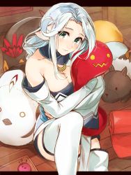 Rule 34 | 10setuka, 1girl, ainu clothes, animal ears, aquaplus, blue eyes, blue hair, blush, breasts, cleavage, cleavage cutout, closed mouth, clothing cutout, collarbone, curly hair, curvy, dress, feet, from above, full body, head tilt, hug, indoors, jewelry, knee up, large breasts, long hair, long sleeves, looking at viewer, munechika, necklace, sidelocks, sitting, sleeveless, sleeveless dress, smile, solo, strapless, stuffed animal, stuffed toy, thick thighs, thighhighs, thighs, tube top, utawarerumono, utawarerumono: itsuwari no kamen