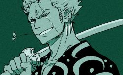 Rule 34 | 1boy, aged up, alternate hairstyle, earrings, frown, green hair, green theme, grin, jewelry, katana, looking at viewer, male focus, mint, mouth hold, one piece, roronoa zoro, scar, scar across eye, short hair, sideburns, single earring, smile, solo, stitches, sword, taro (honyarara00), teeth hold, weapon