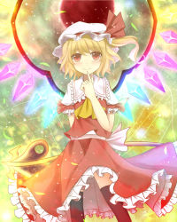 Rule 34 | 1girl, black thighhighs, blonde hair, blush, bunchou (bunchou3103), female focus, finger to mouth, flandre scarlet, hat, hat ribbon, highres, red eyes, ribbon, side ponytail, smile, solo, thighhighs, touhou, wings