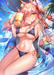 Rule 34 | 1girl, ;q, animal ear fluff, animal ears, bikini, blue bikini, blue sky, bracelet, breasts, cleavage, cloud, cup, day, fate/grand order, fate (series), food, fox ears, fruit, gz (gyoju), hair between eyes, halterneck, hat, highres, holding, holding cup, jewelry, large breasts, long hair, looking at viewer, navel, one eye closed, outdoors, pink hair, side-tie bikini bottom, sky, solo, strawberry, string bikini, swimsuit, tamamo (fate), tamamo no mae (fate/extra), tamamo no mae (swimsuit lancer) (fate), tamamo no mae (swimsuit lancer) (third ascension) (fate), thighs, tongue, tongue out, underboob, water, wet, white hat, yellow eyes