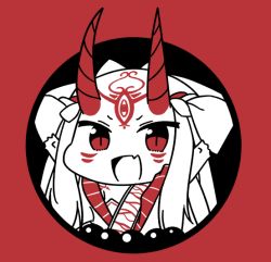 Rule 34 | 1girl, :d, beads, chibi, facial mark, fate/grand order, fate (series), hands up, horns, ibaraki douji (fate), ibuki notsu, long hair, looking at viewer, monochrome, open mouth, prayer beads, red background, red eyes, red theme, simple background, slit pupils, smile, solo