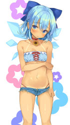 Rule 34 | 1girl, alternate costume, bandeau, bare arms, bare shoulders, bikini tan, blue eyes, blue hair, blush, bow, choker, cirno, collarbone, commentary request, cowboy shot, cutoffs, denim, denim shorts, flower, hair between eyes, hair bow, highres, ice, ice wings, looking at viewer, mirei, navel, short shorts, shorts, solo, stomach, sunflower, tan, tanline, tanned cirno, touhou, white background, wings