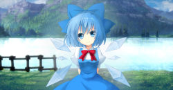 Rule 34 | 1girl, arms behind back, blue eyes, blue hair, blush, bow, bowtie, ci fang wu, cirno, dress, fairy wings, fence, hair ribbon, head tilt, highres, ice, ice wings, lake, looking at viewer, matching hair/eyes, mountain, nature, pinafore dress, puffy short sleeves, puffy sleeves, red bow, red bowtie, ribbon, scenery, short hair, short sleeves, sleeveless dress, smile, solo, touhou, water, wings