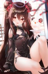 Rule 34 | 1girl, alternate costume, bare shoulders, black dress, brown hair, china dress, chinese clothes, covered navel, detached sleeves, double bun, dress, flat chest, genshin impact, ghost, gold trim, hair bun, hair ornament, hairclip, highres, hu tao (genshin impact), knee up, long hair, long sleeves, looking at viewer, paid reward available, panties, pelvic curtain, red eyes, shouu-kun, side-tie panties, side-tie peek, sitting, solo, star-shaped pupils, star (symbol), string panties, symbol-shaped pupils, thick thighs, thighs, twintails, underwear, very long hair