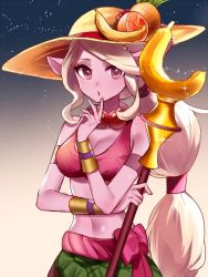 Rule 34 | 1girl, alternate costume, armband, bad id, bad twitter id, banana, bracelet, breasts, cleavage, colored skin, finger to own chin, food, fruit, grapefruit, hair tie, hat, jewelry, league of legends, long hair, looking at viewer, midriff, navel, order of the banana soraka, pineapple, pointy ears, ponytail, purple eyes, purple skin, solo, soraka (league of legends), staff, standing, sun hat, very long hair, white hair, yuyupo