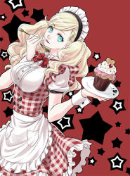 Rule 34 | 10s, 1girl, blonde hair, blue eyes, bow, bowtie, dress, eating, food, fork, long hair, looking at viewer, maid, maid headdress, oto nagi, persona, persona 5, skirt, smile, solo, takamaki anne, twintails
